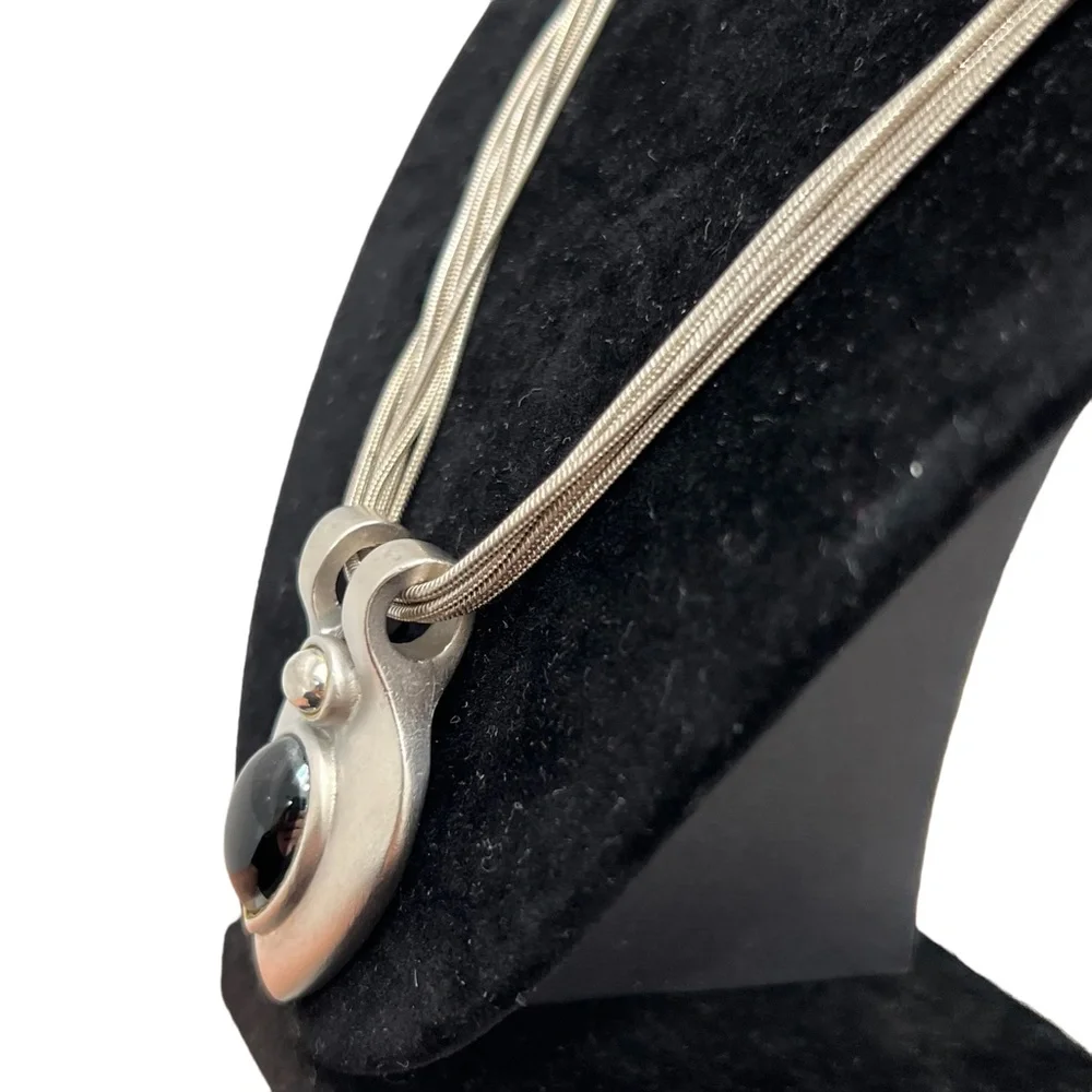 VINTAGE 6 CHAIN SILVER TONE NECKLACE WITH TEARDROP PENDANT WITH BLACK STONE